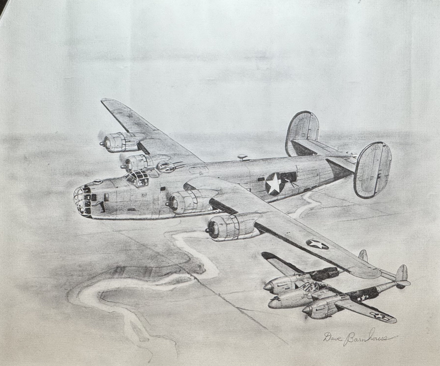 B-24 with P-38 Black & White 16" x 20" Print