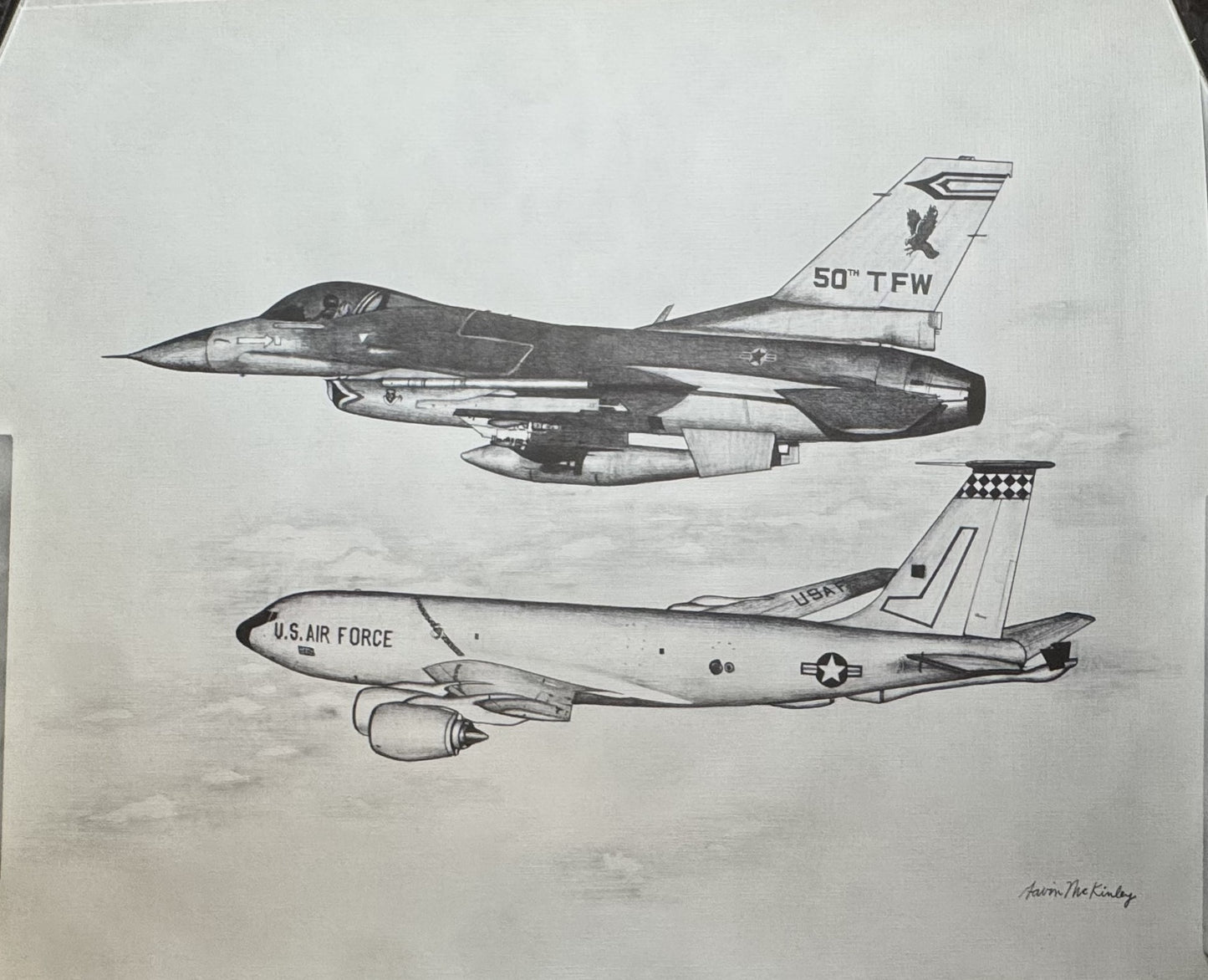 F-16 with KC-135 Black & White 16" x 20" Print