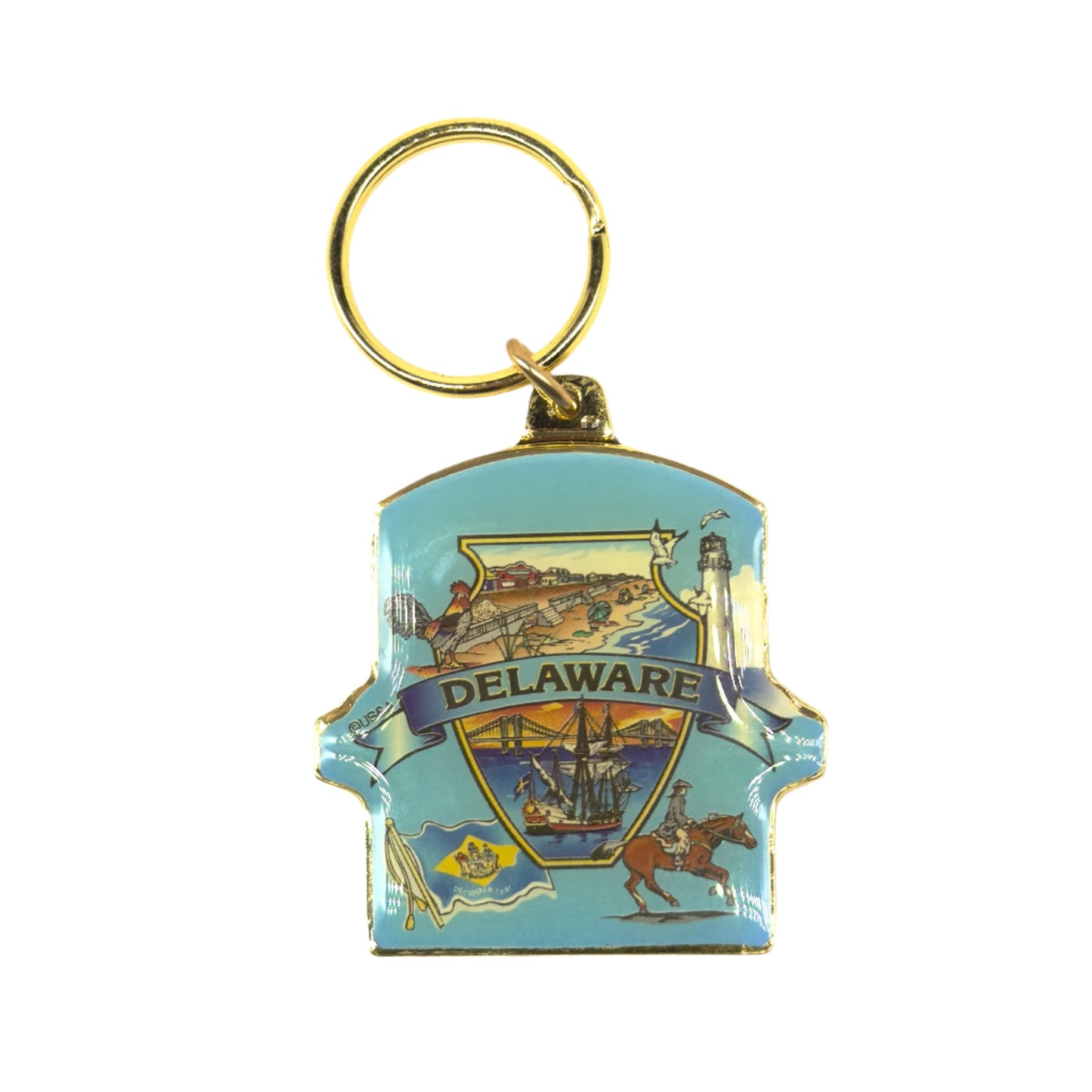 Delaware Brass Plaque Lucite Blue Key Chain