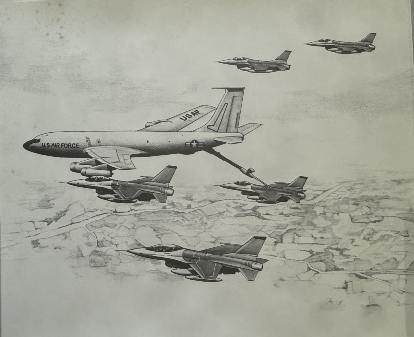 KC-135 Refueling F-16's Black & White 16" x 20" Print