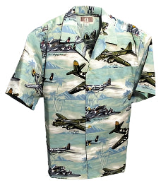 Sea Foam Green Hawaiian Shirts WWII Bombers Print