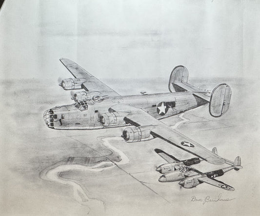 B-24 with P-38 Black & White 16" x 20" Print