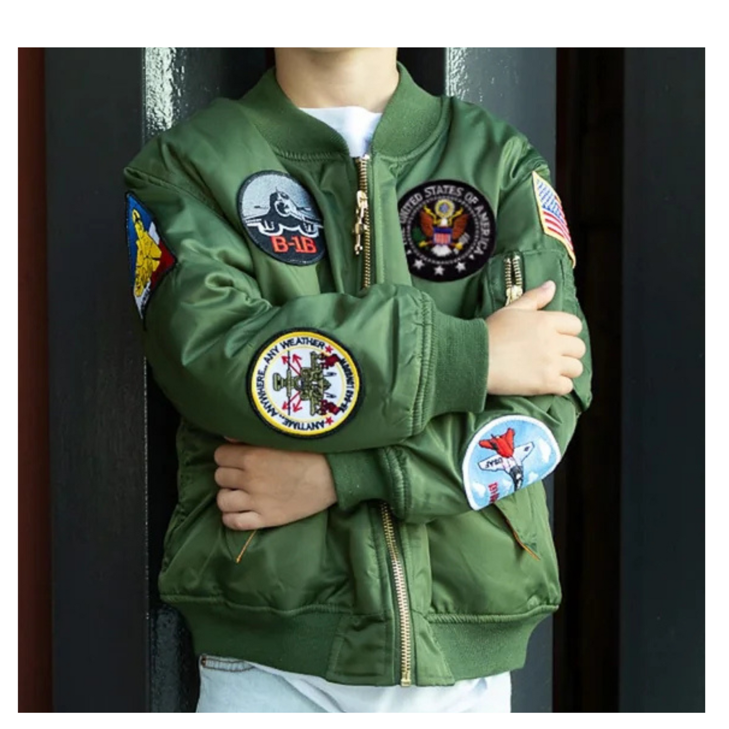 Youth Toddler Green MA-1 Flight Jacket with Patches